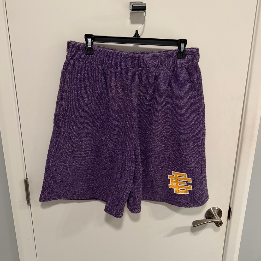 Eric Emanuel boucle shorts size LARGE purple yellow (past the knee fit)